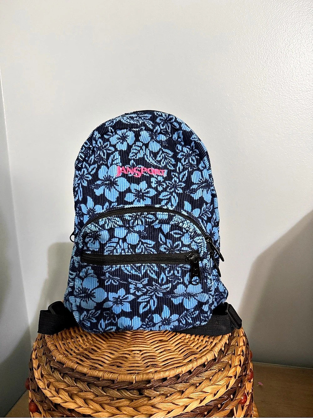 Vintage JanSport Corduroy Floral Mini Backpack Blue Hibiscus Y2K Hawaiian Retro